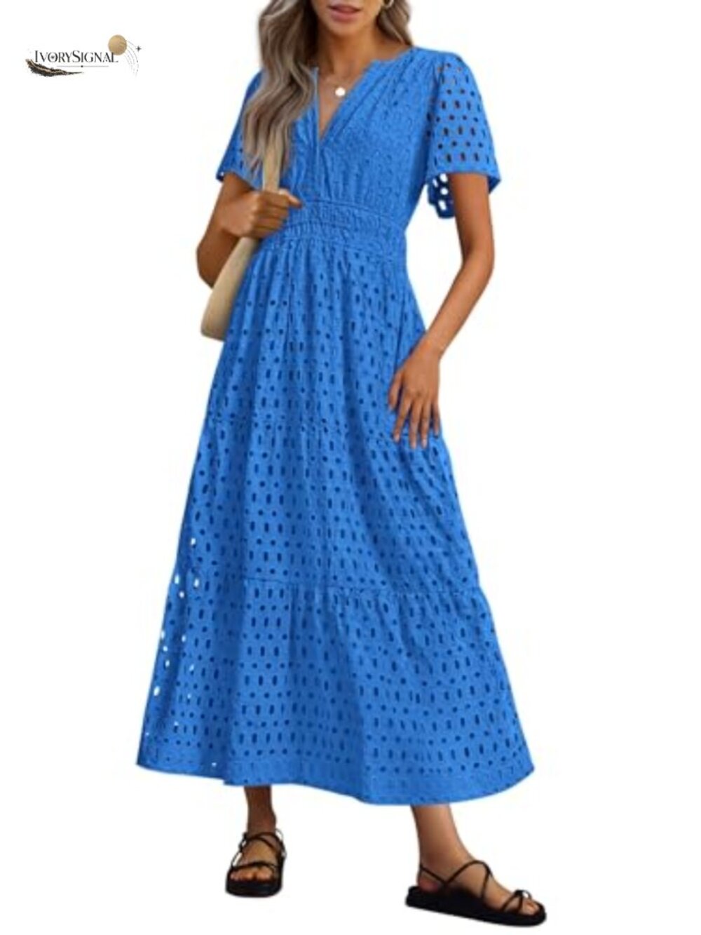 Eyelet Maxi Dress A-Line V-Neck Short Sleeve Ruffle Hem Casual Summer
